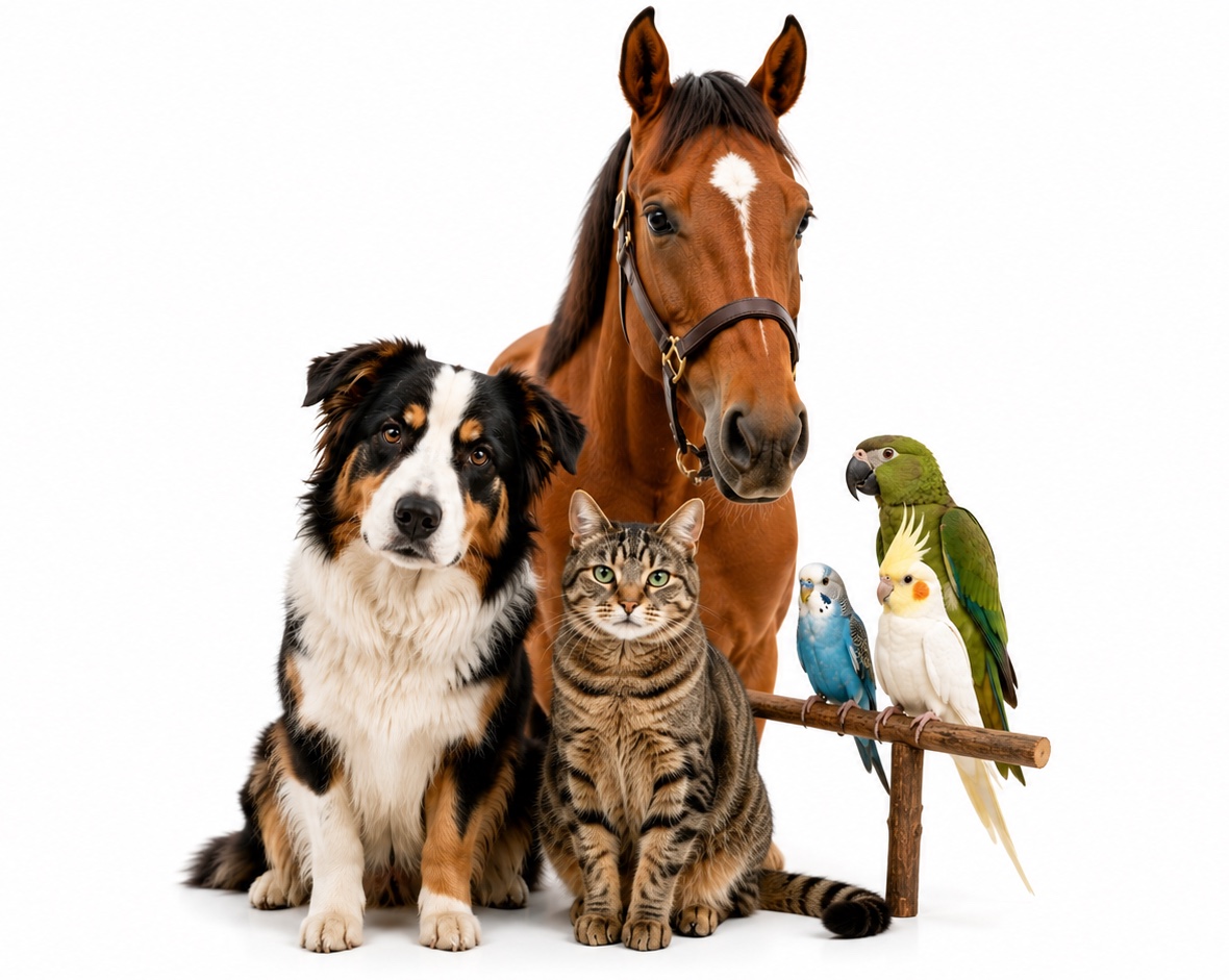 A dog, cat, horse and companion bird together