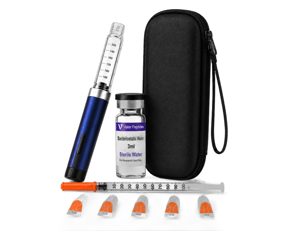 Home Med Full Kit with bacteriostatic water, needle tips, reconstitution needle, thermal storage case and reusable peptide pen